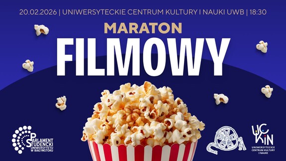 Kubełek pełen popcornu i duży napis "Maraton filmowy"