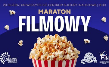 Kubełek pełen popcornu i duży napis "Maraton filmowy"